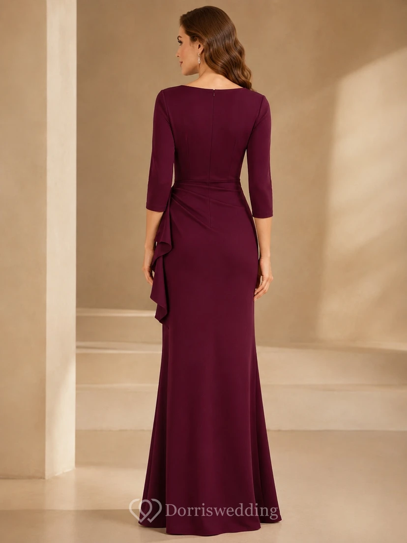 Claret Simple Jersey Wrap V-neck 3/4 Length Sleeve Sheath Floor-length Mother Dress view 2
