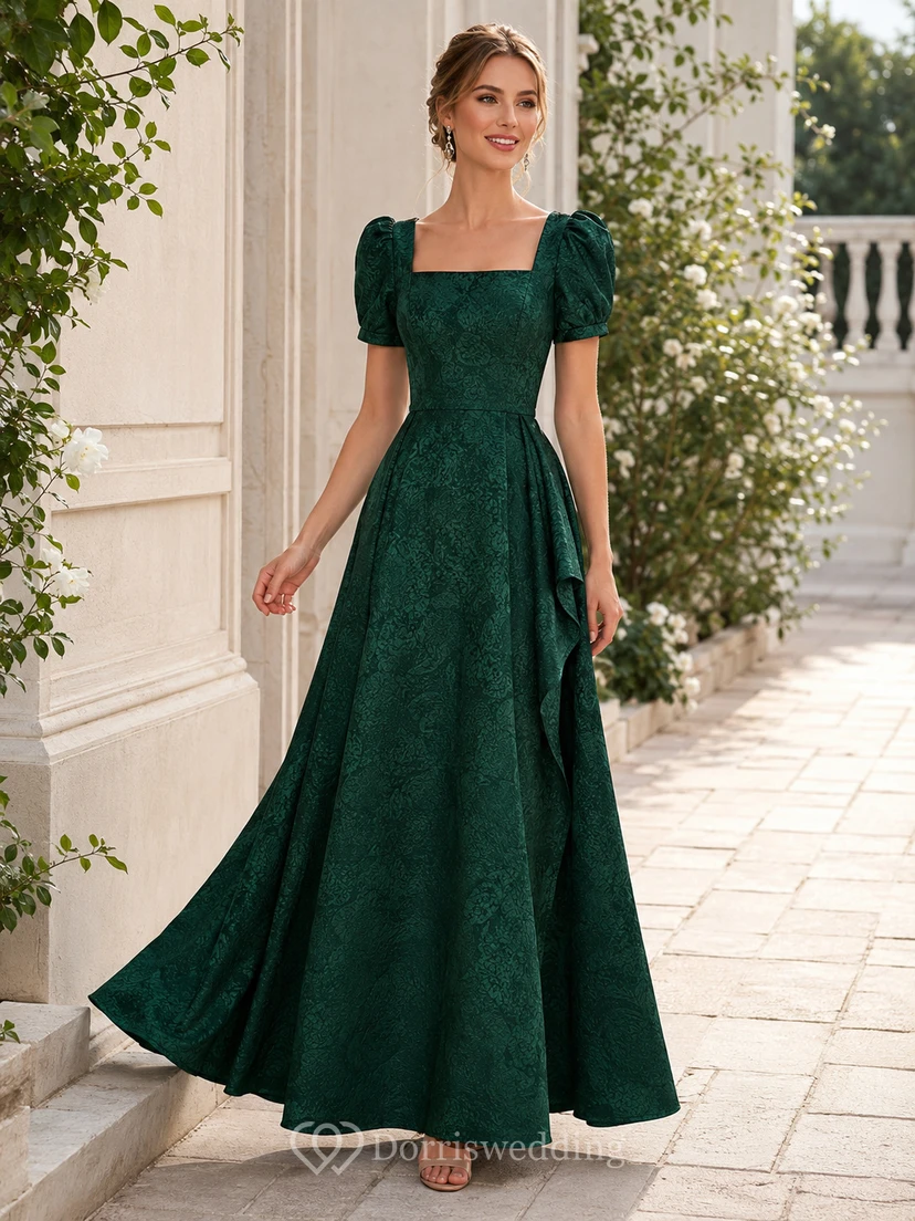 Vintage-Kleid in Dunkelgrün mit Jacquardmuster, A-Linie, bodenlang, mit quadratischen Puffärmeln