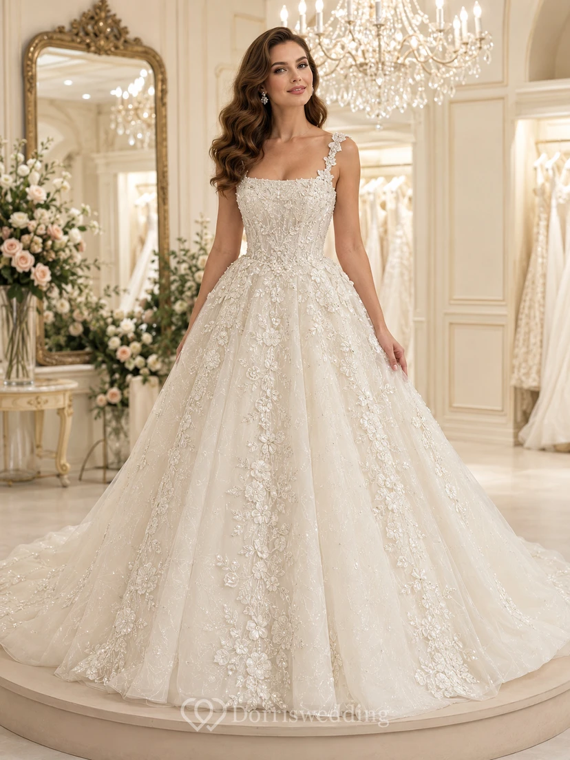 Elegantes Brautkleid mit eckigem Ausschnitt, Spitzenapplikationen und festlichem Ballkleid