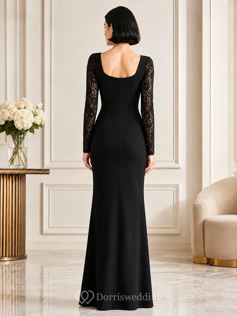 Black Velvet Square Neck Long Sleeve Sheath Evening Gown view 2