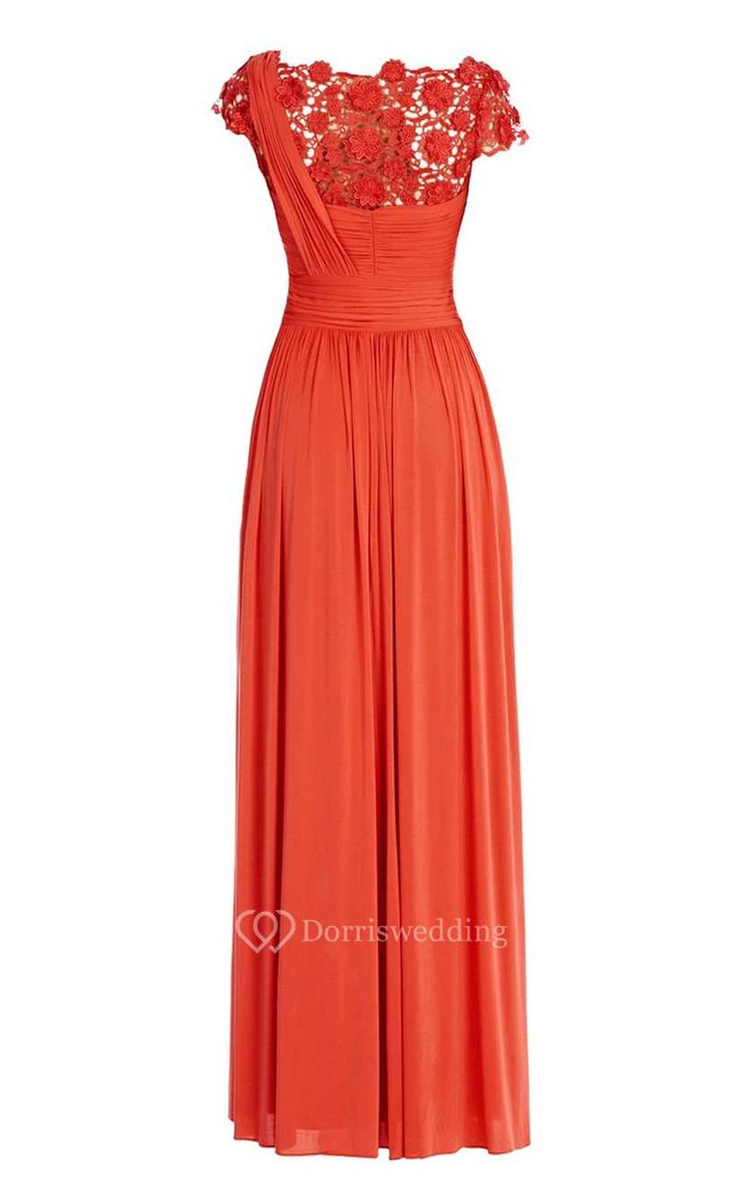 Lace Cap-sleeve One-shoulder Pleated Chiffon A-line Dress view 2
