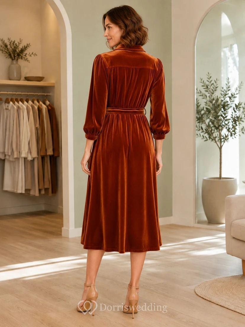 Orange Notched Neck Long Puff Sleeve Sash Velvet A-Line Tea-Length Vintage Dress view 2
