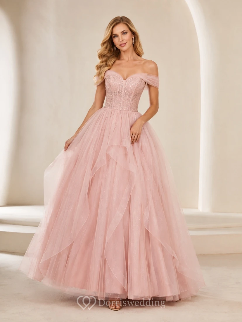 Blush Tulle Off-the-shoulder Pleated Ball Gown Prom Formal Evening Dress