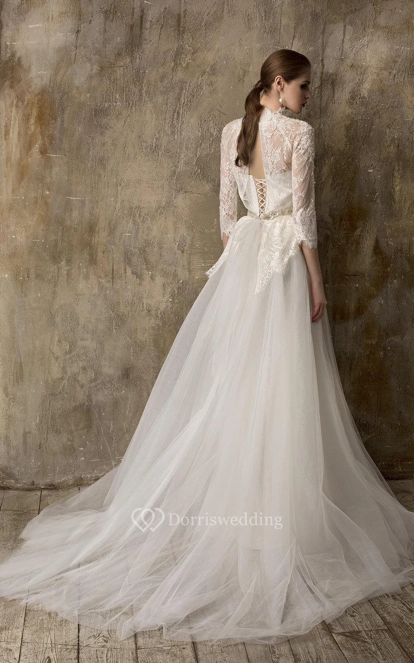 Kleid mit hohem Kragen, 3-4 Ärmeln, Tüllrock und Perlenstickerei, Oberteil aus Spitze, 3-4 Ärmel view 2