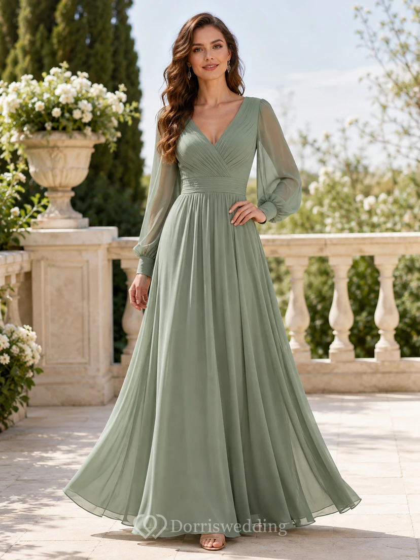 Robe de demoiselle d'honneur en mousseline céladon, col en V, manches gigot, coupe trapèze, élégante et sobre
