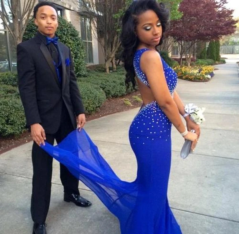 Sexy Royal Blue Mermaid Beadings Prom Dress Open Back view 2