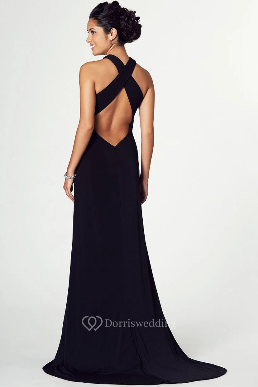 High Neck Beaded Sleeveless Chiffon Prom Dress With Brush Train view 2