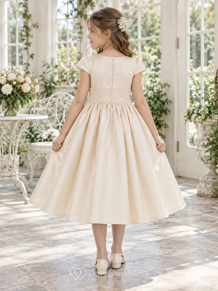 Champagne Tea-length Scoop-Neck Flat-Cap-Sleeve Fine-Grid Smocked-Waist Ample Gathered Satin Calf-Skirt Small-Button-Back Flowergirl Dress view 2