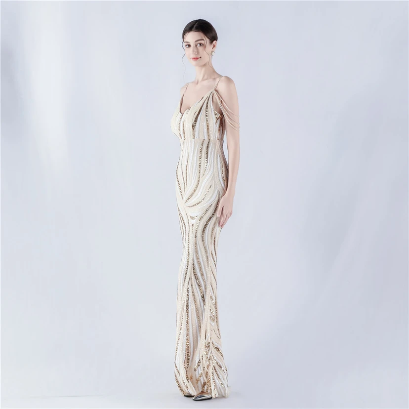 Sequined Striped Color Matching Slim Dinner Host Suspender Long Dress For Women view 21