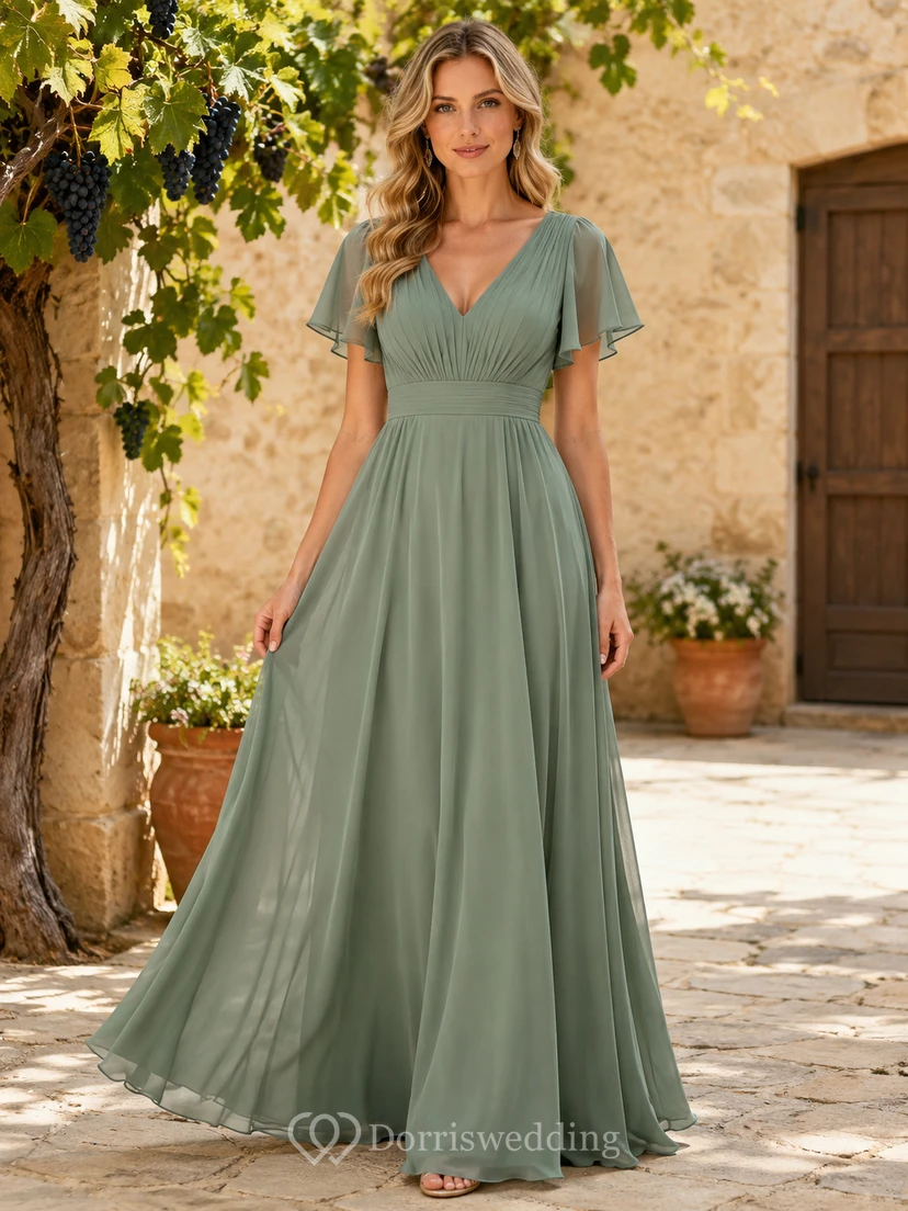 Sage Chiffon A-Line V-Neck Flutter Sleeve Pleated Low Back Floor-Length Bridesmaid Dress