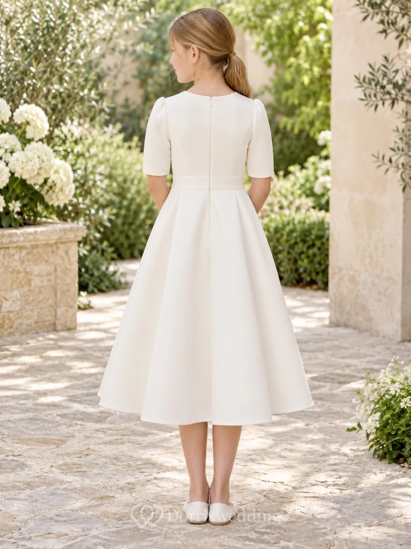 Simple Modest Ivory Tea-length Elbow Sleeve Side Rosette Draped Tail Flower Girl Dress view 2