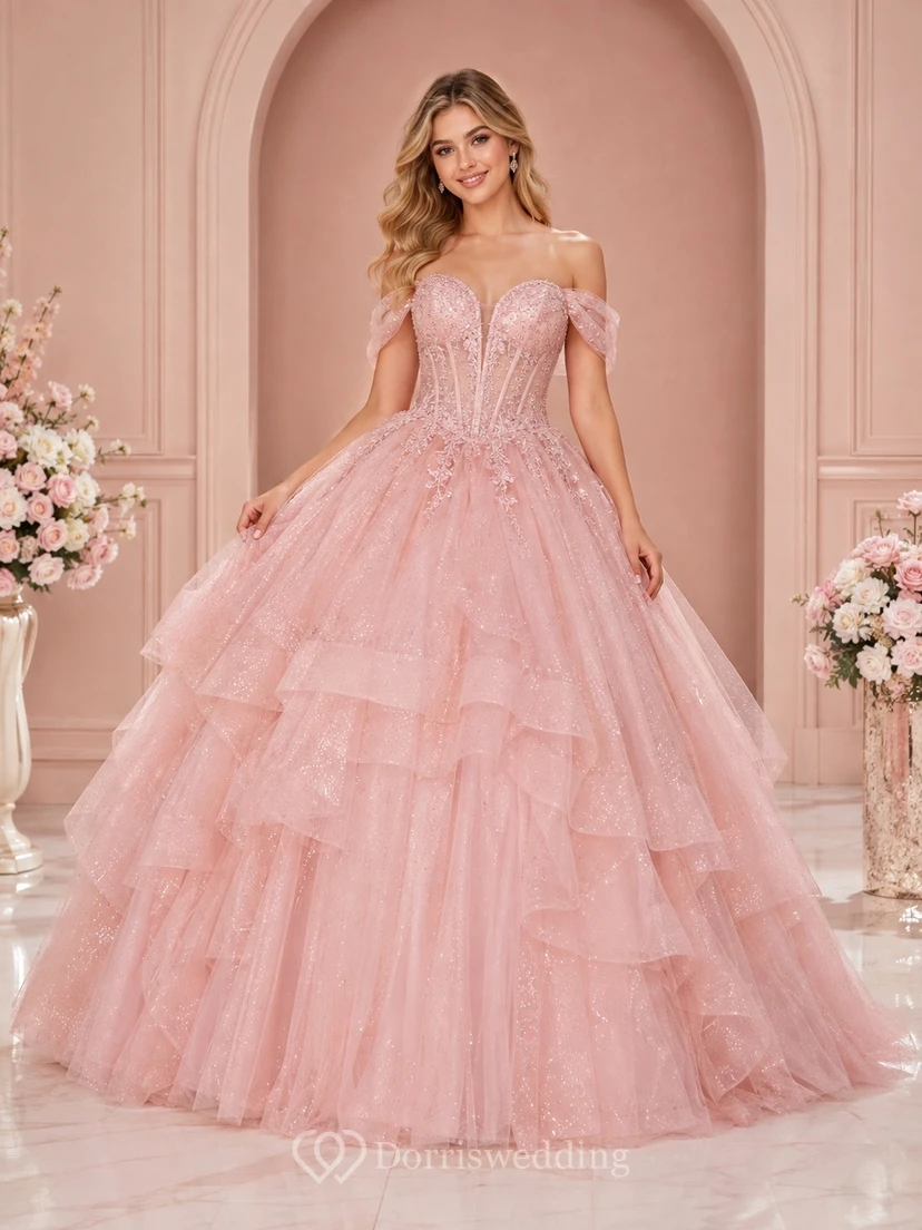Blush Pink Sequined Tulle Off-Shoulder Tiered Ball Gown Quinceanera Dress