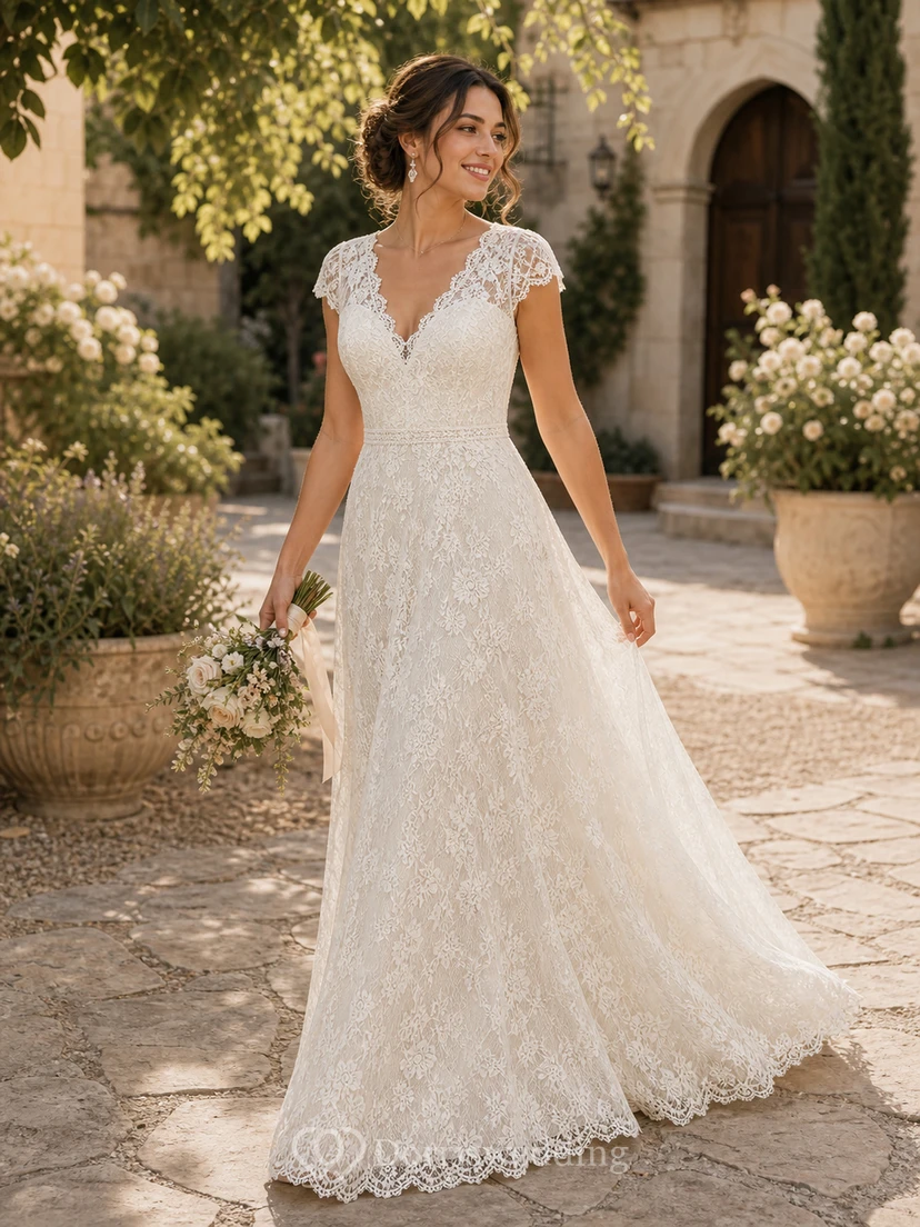 Vintage-Hochzeitskleid mit Spitze und Empire-Kappe in Elfenbeinweiß view 4