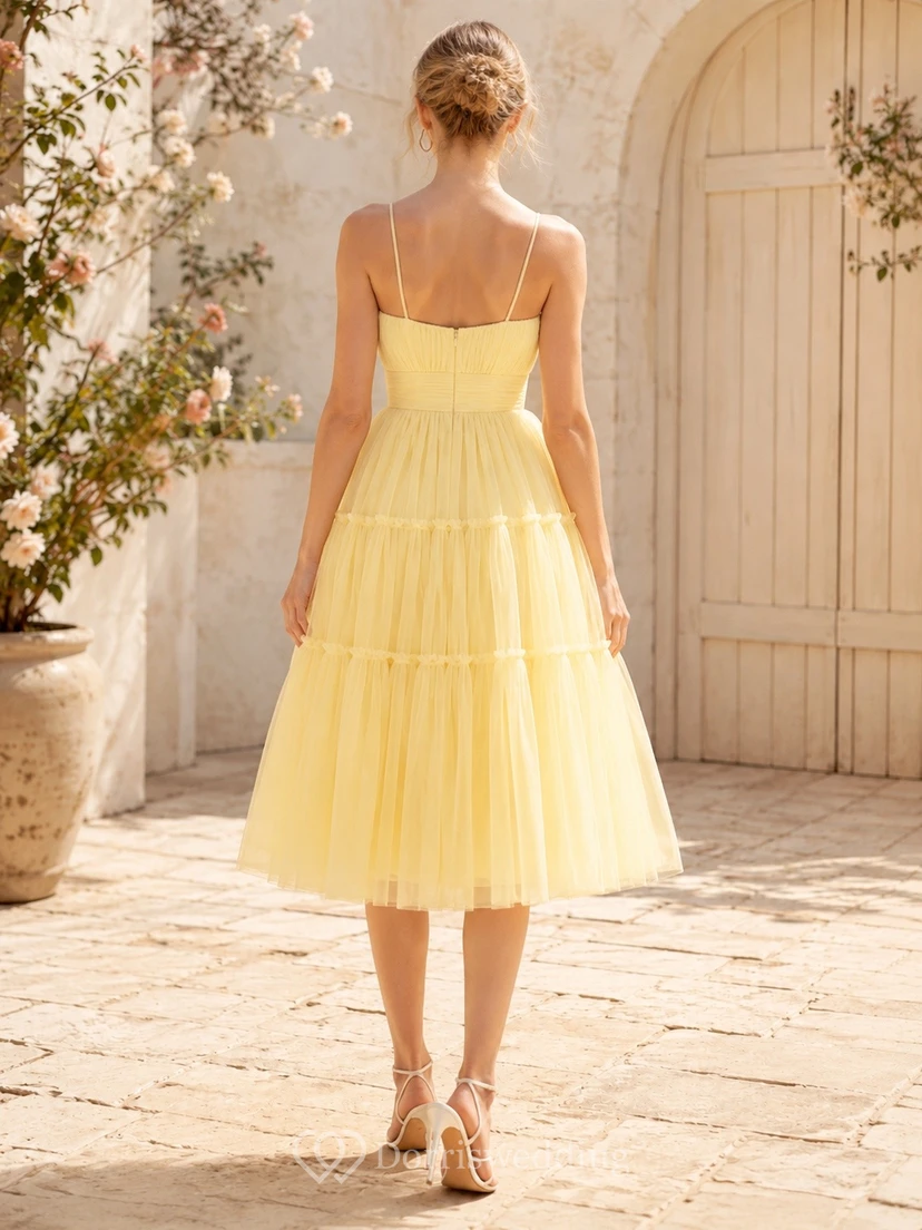 Daffodil Layered Tulle Spaghetti Strap A-Line Tea-length Flowergirl Dress view 2