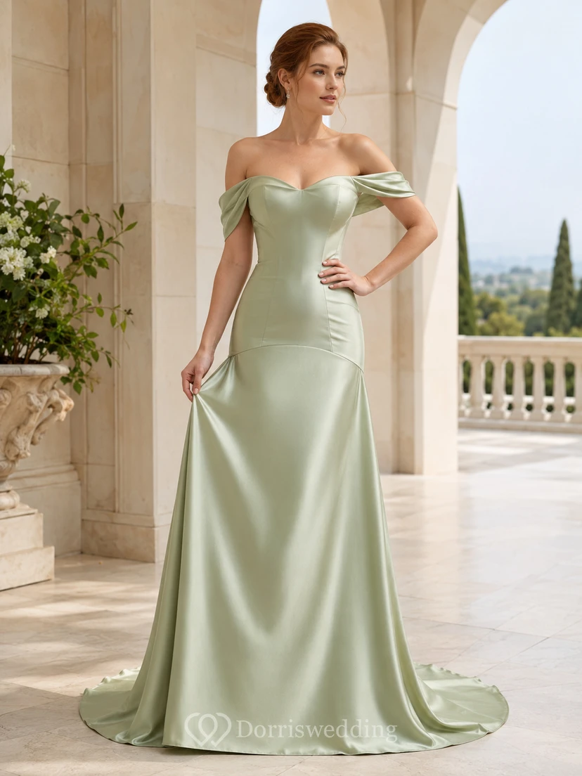 Robe de mariée sirène en satin sauge à épaules dénudées et taille basse