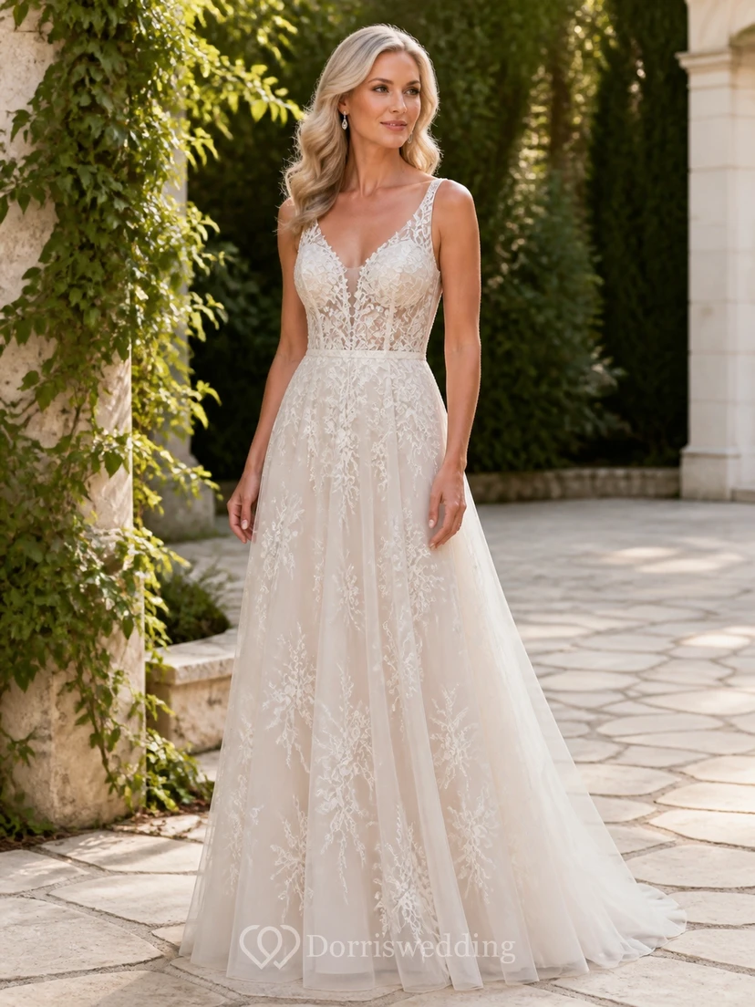 Robe de mariée bohème de plage, coupe trapèze, col en V, en tulle et dentelle appliquée