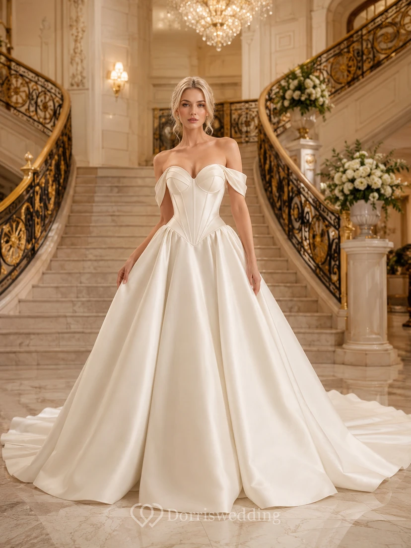 Vestido de novia de satén, estilo princesa, sin tirantes, escote corazón, cola catedral.