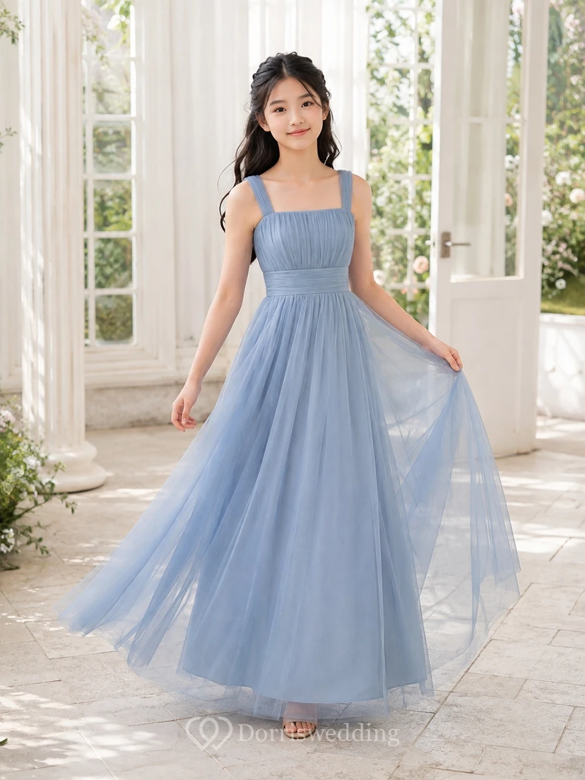 Vestido azul cielo para dama de honor junior, corte en A, sin mangas.