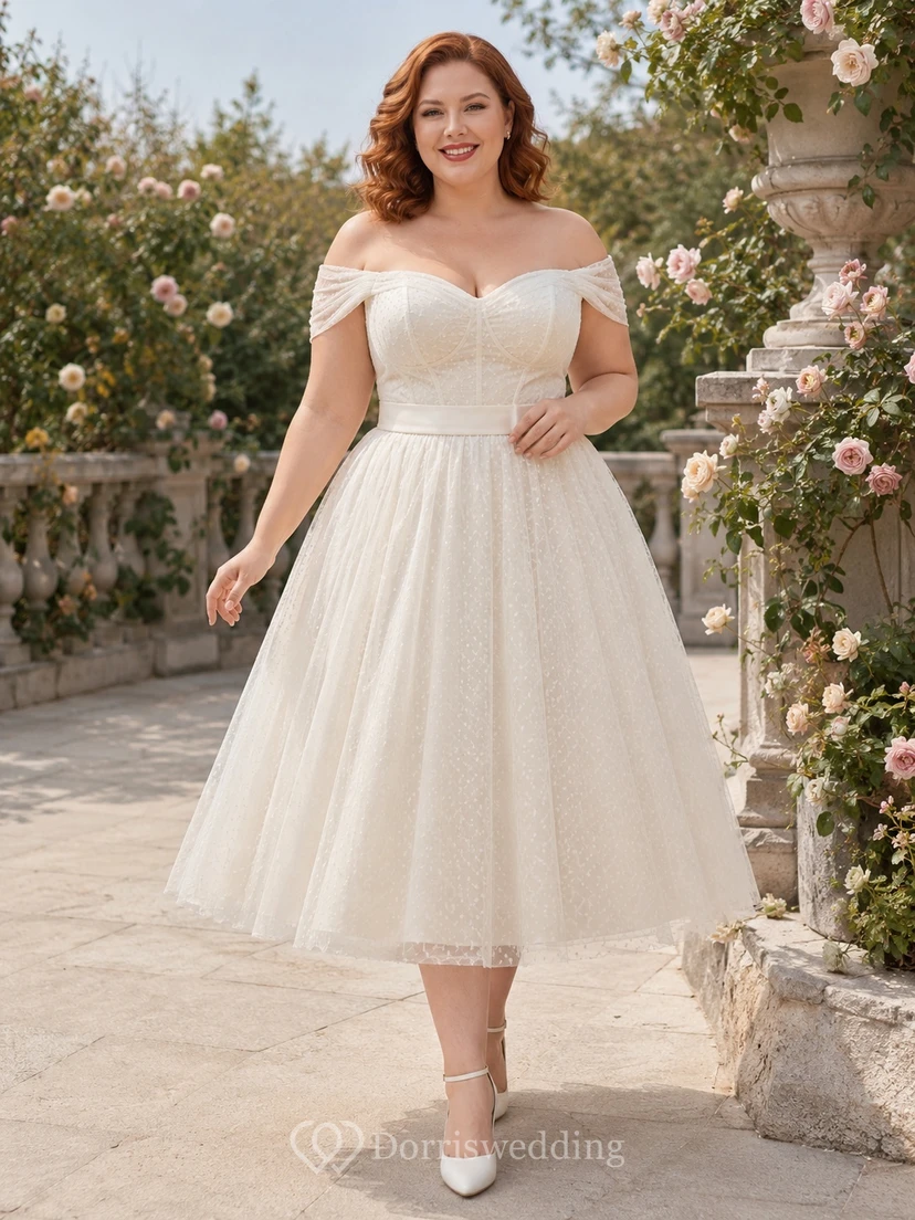 Vestido de novia romántico vintage de corte A, largo hasta la rodilla, con escote corazón y hombros descubiertos, de tul.