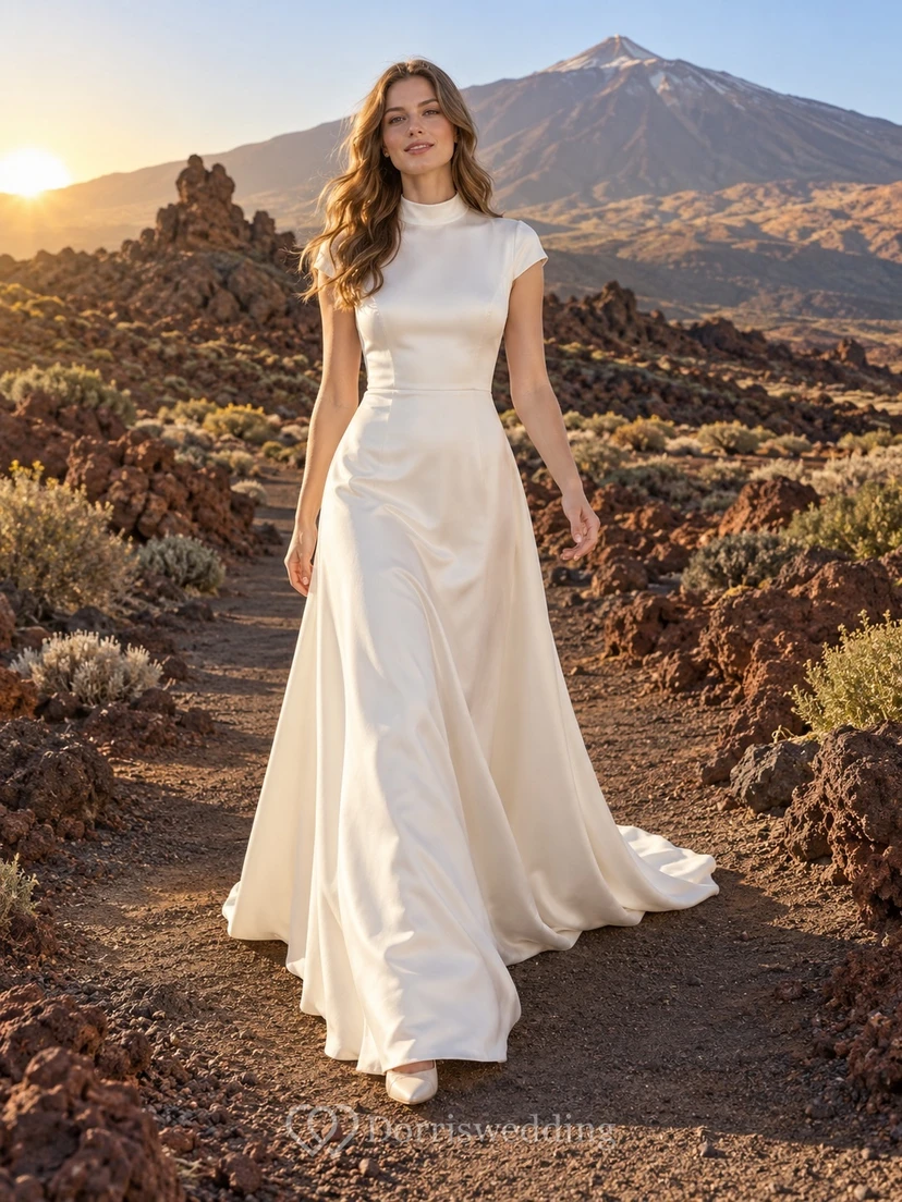 Vestido de novia sencillo de satén con cuello alto, corte en A, mangas cortas y cola.