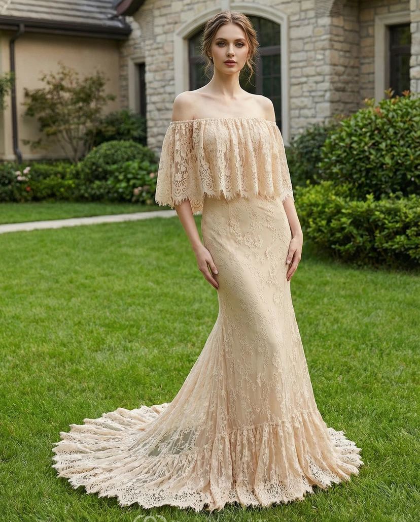 Off-Shoulder Scalloped Lace Sheath Gown with Train