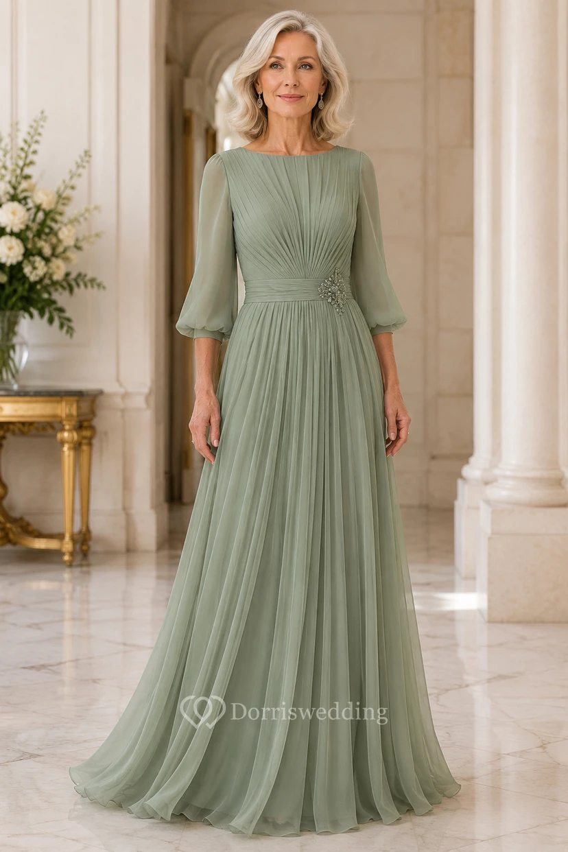 Salbeigrünes, plissiertes Chiffon-Mutterkleid mit 3/4-Glockenärmeln