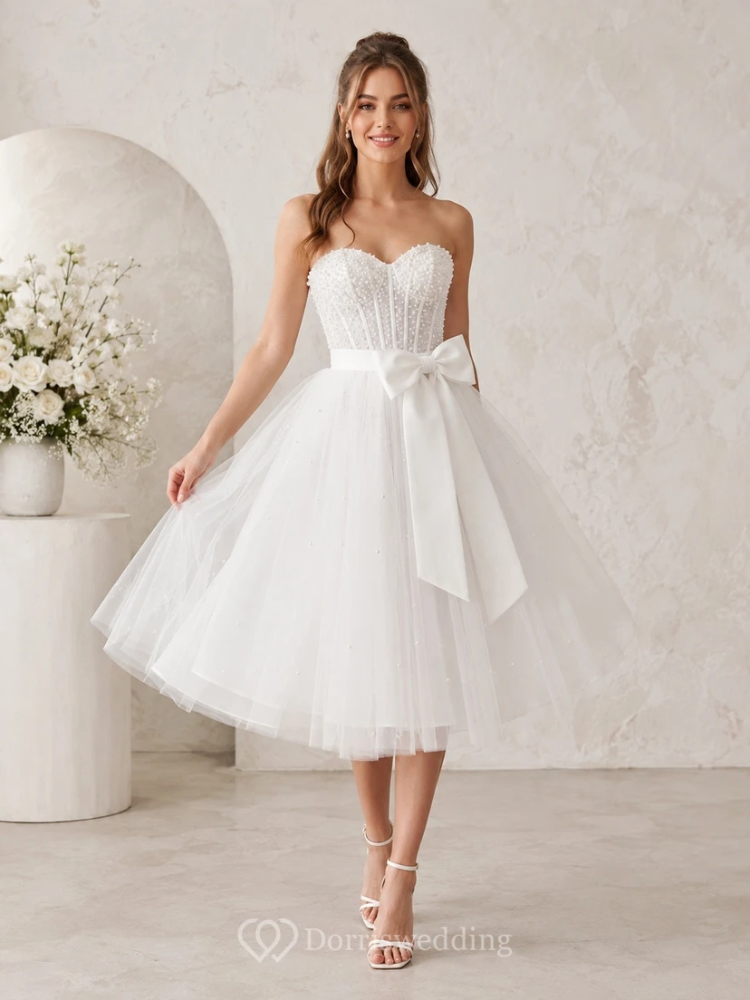 Strapless Bow Tulle A-Line Tea-Length Wedding Party Dress
