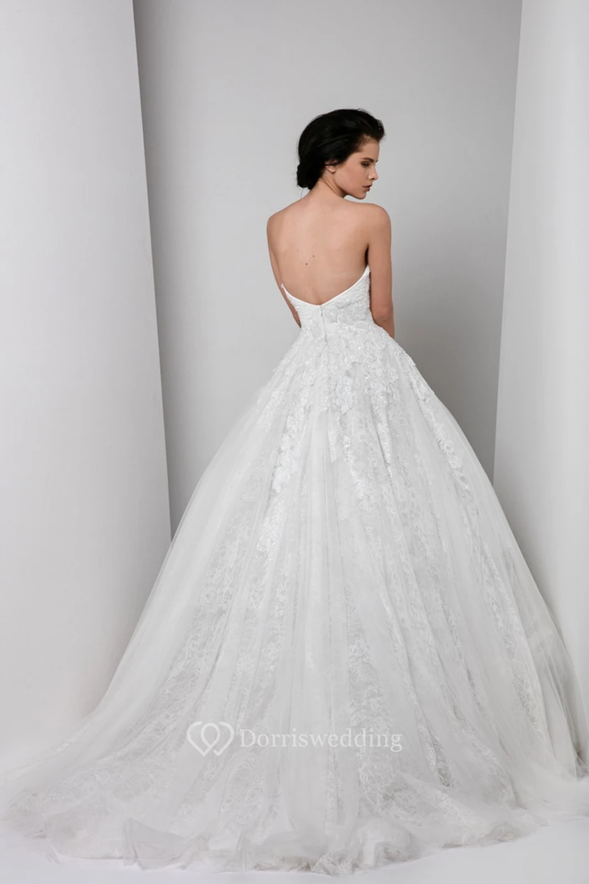 Ball Gown Maxi Appliqued Sweetheart Lace Wedding Dress With Beading And V Back view 2