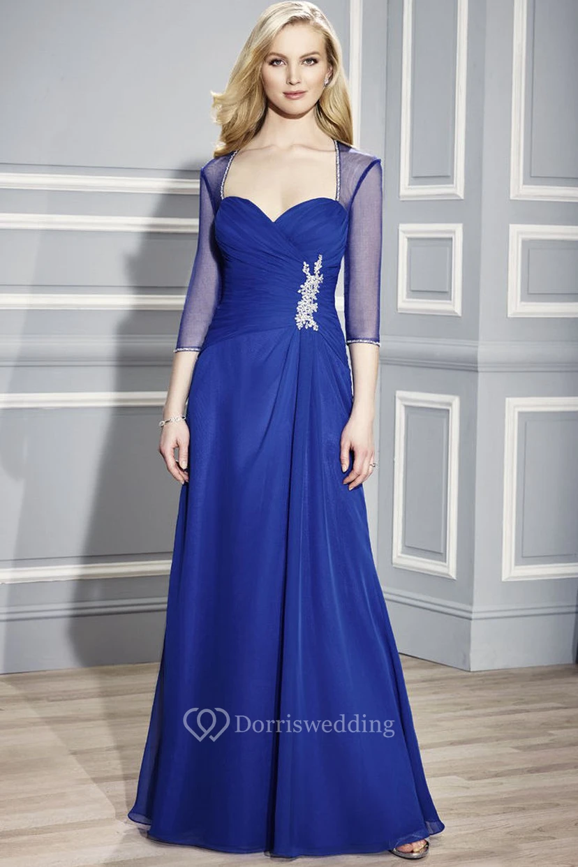 Robe de mère de la mariée en jersey à manches 3-4 et décolleté croisé en forme de cœur