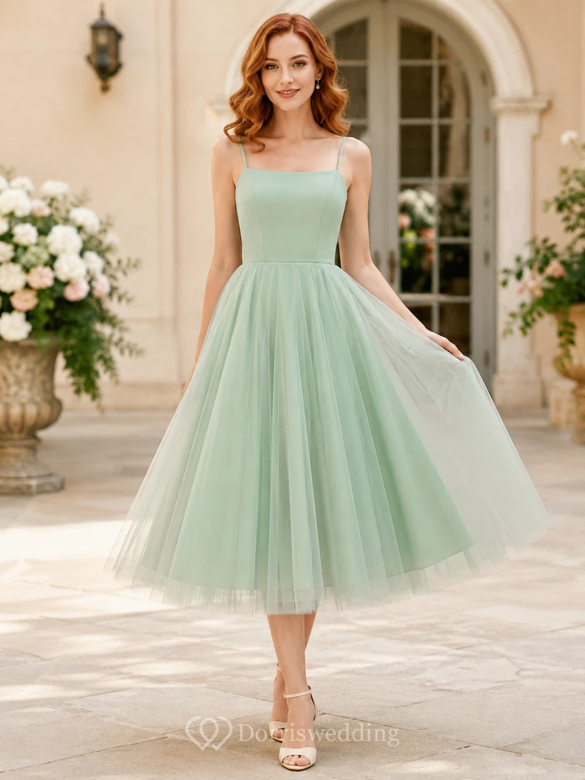 Mint Green Square Neck Tulle Tea Length A Line Cocktail Dress