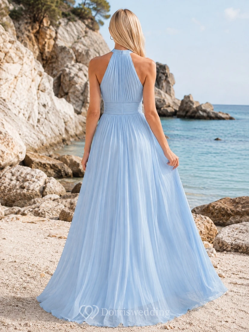 Sky Blue Bohemian Halter Sleeveless Chiffon A-Line Floor-Length Formal Dress view 2