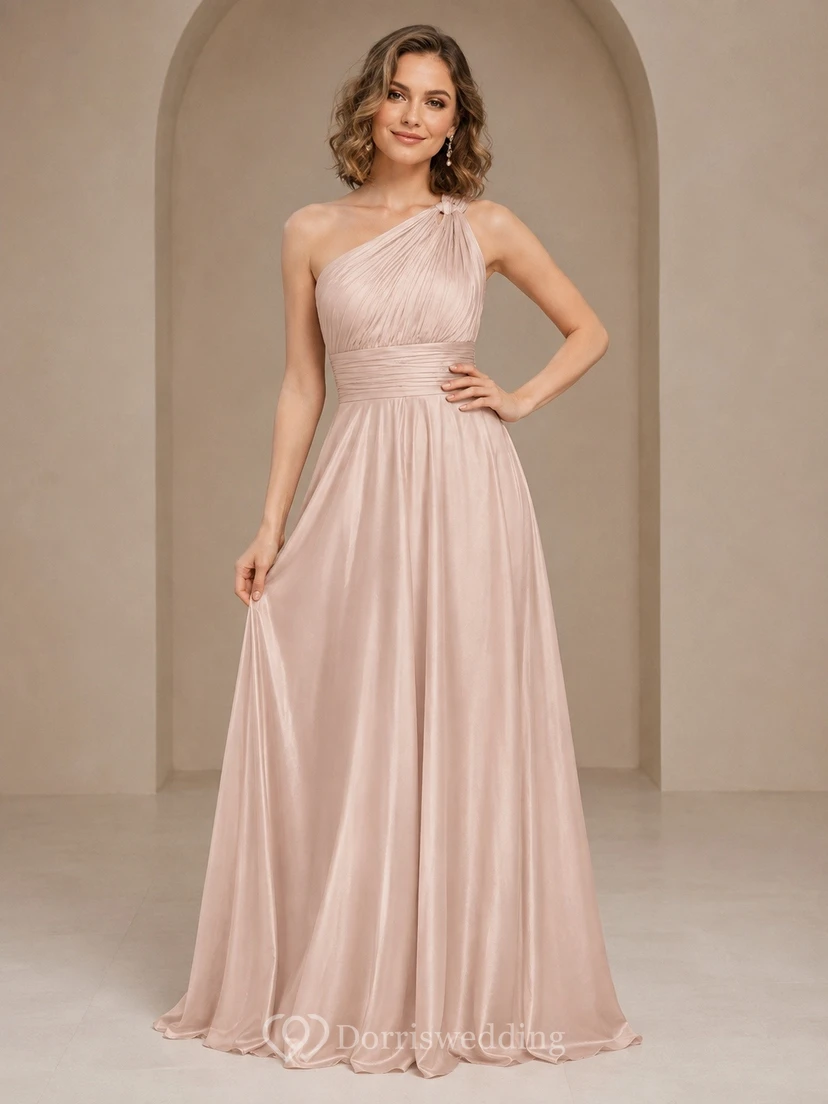 Blush One Shoulder Pleated Chiffon A Line Formal Dress