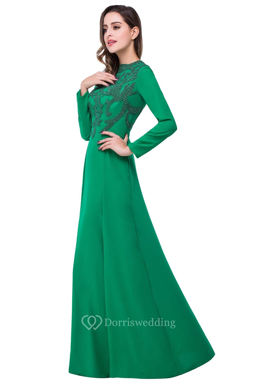 Elegant Green Long Sleeve Beadings Evening Dress Long Chiffon Party Gowns view 4