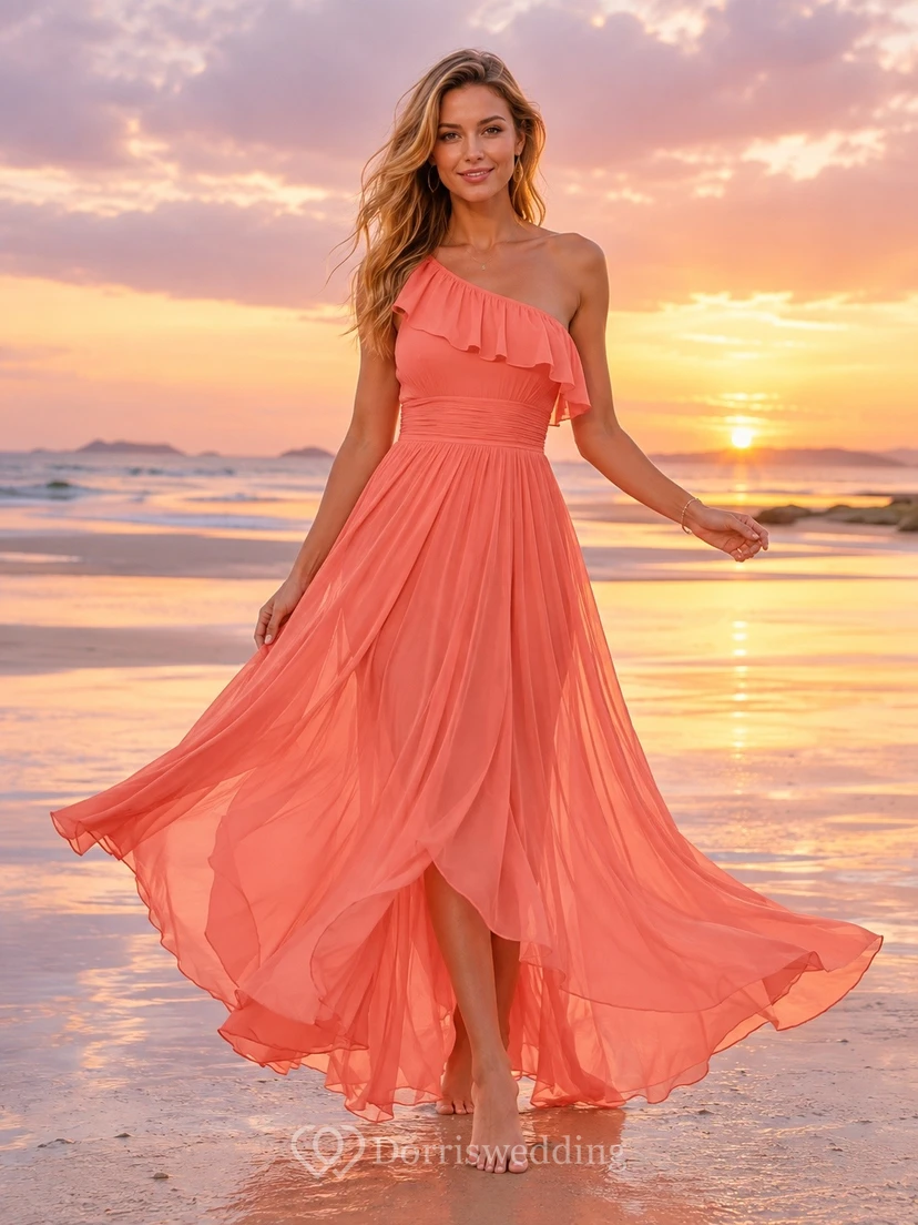 Coral Bohemian One-Shoulder Sleeveless Chiffon A-Line Floor-Length Formal Dress