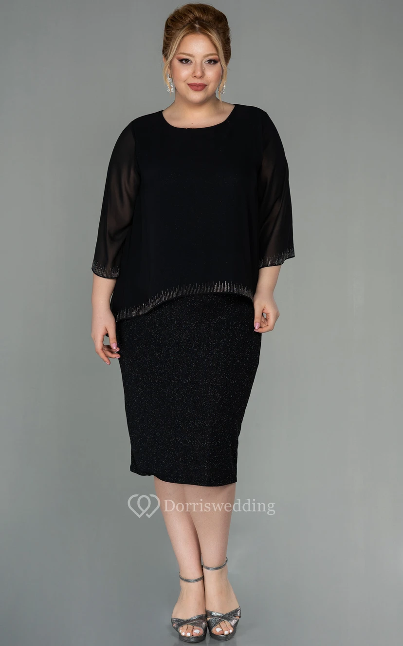 Bateau-neck Long Sleeve Pencil Knee-length Sequin Plus Size Mother of Bride Dress view 9