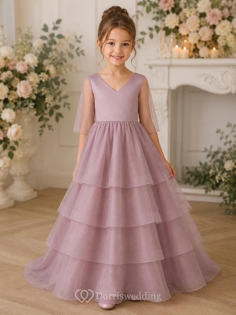 V-neck Illusion Half-sleeve Tiered A-line Flowergirl Dress with Sweep Train