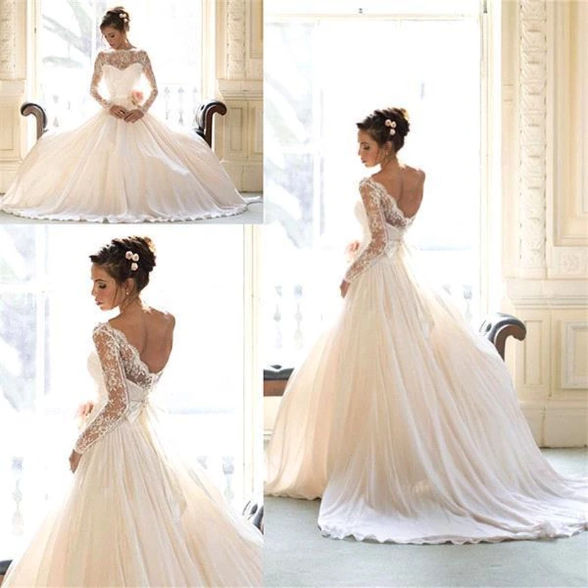 Elegant Long Sleeve Lace Wedding Dresses Princess Chiffon Bridal Gowns view 2