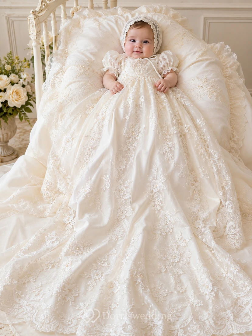 Luxury Baby Baptism Christening Ceremony Gown Ball Gown Floor-Length Chapel Train Jewel Neck Long Sleeve Tulle Lace Floral Applique Button Back Ornate Lace Applique