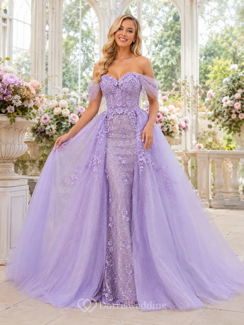 Lavendelfarbenes schulterfreies Ballkleid aus Tüll mit herzförmigem Ausschnitt und Applikationen, High-Low-Stil, Quinceañera-Kleid