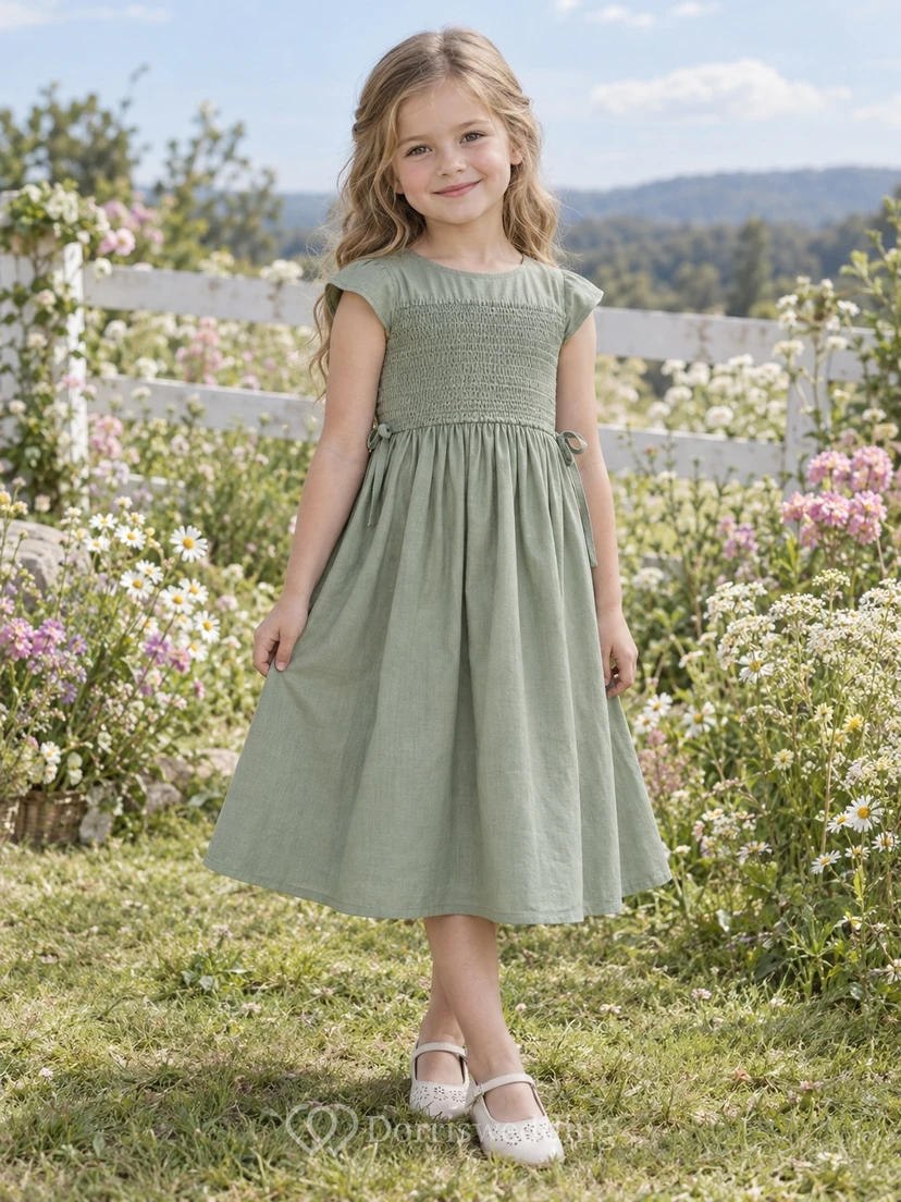Simple Tea-length Sage Bateau Cap Sleeve Smocked Cotton A-line Flower Girl Dress