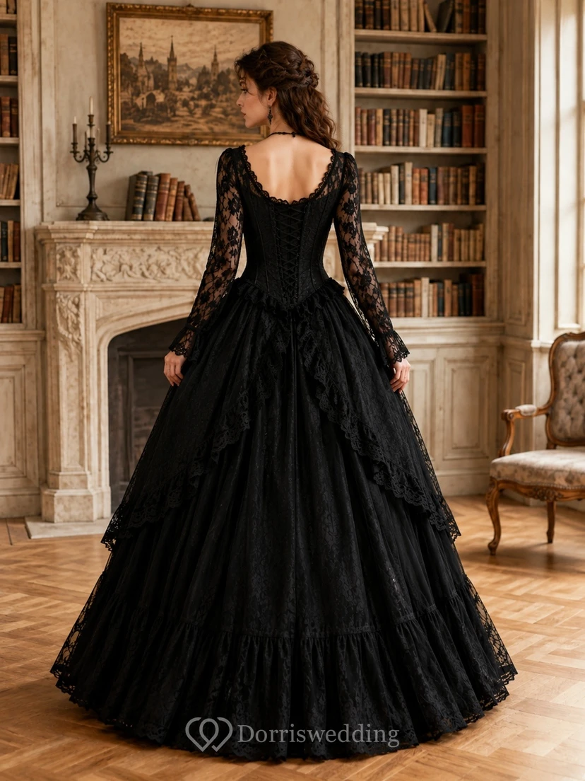 Gothic Black Lace Ball Gown Floor-Length Scoop Neck Long Sleeve Evening Dress view 2