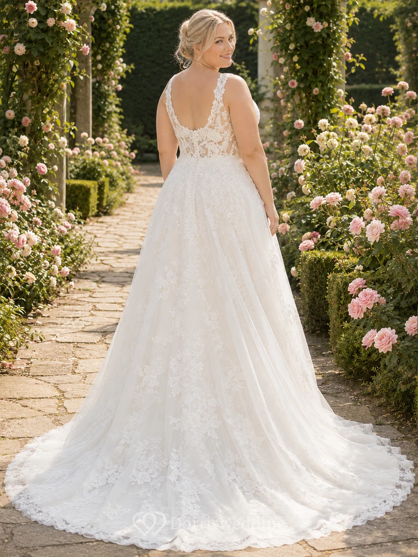 Brautkleid in A-Linie mit Spitze in Übergröße, V-Ausschnitt view 2