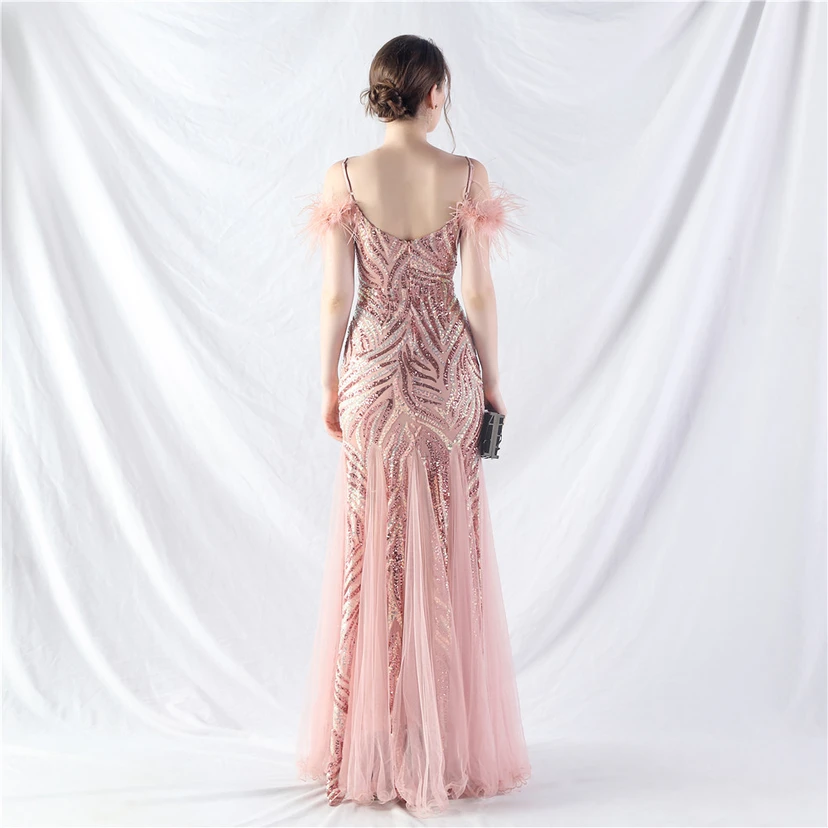 Crafted Ostrich Feather Stacked Sequins Splicing Mesh Gauze High-End Evening Dress Clothes view 36