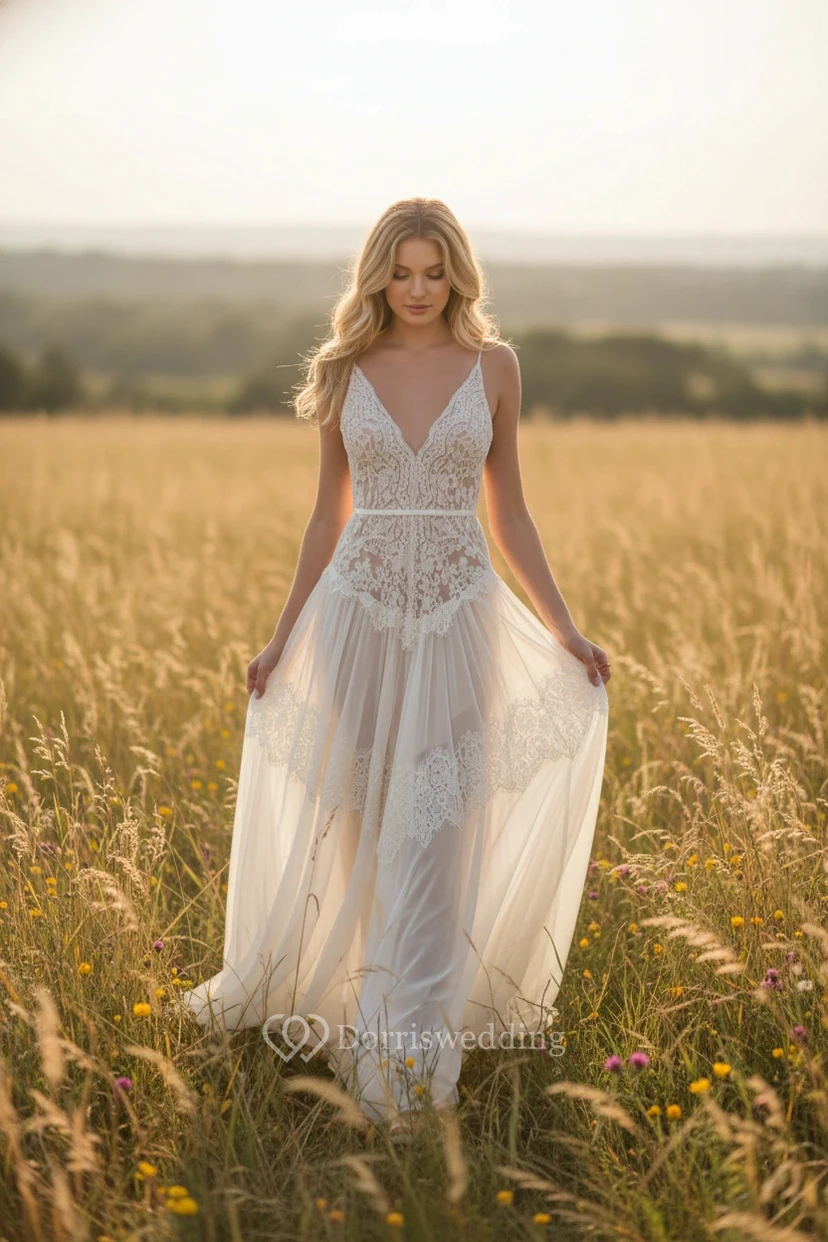 Boho Spaghetti Ethereal Sheer Lace Wedding Dress