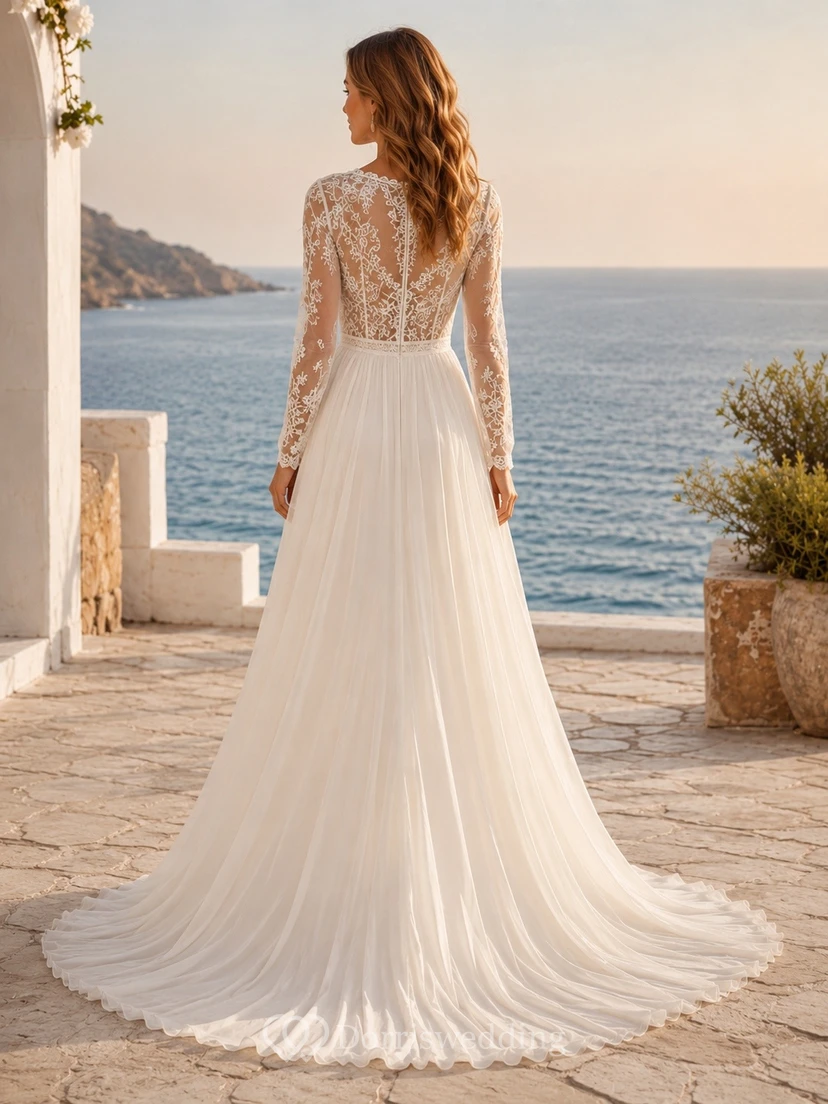 Bohemian V-neck Long Sleeve Sweep Train Lace Chiffon A-line Bridal Dress view 2