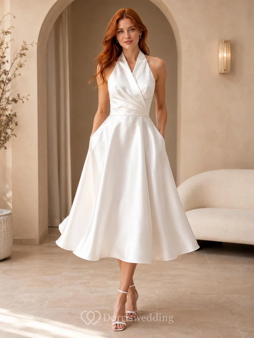 Elegantes, tailliertes A-Linien-Brautkleid aus Satin mit Neckholder und Drapierung für standesamtliche Hochzeiten