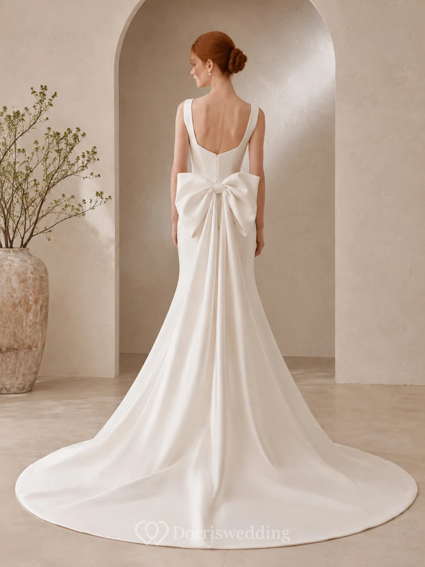 Robe de mariée sirène moderne en satin satiné à col carré et nœud surdimensionné view 2