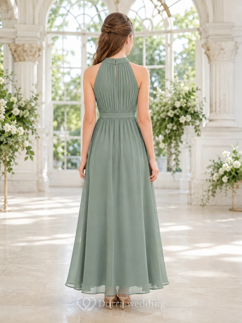 Celadonfarbenes Brautjungfernkleid für junge Damen, A-Linie, hoher Kragen, ärmellos, wadenlang, Chiffon, plissiert, dezent view 2