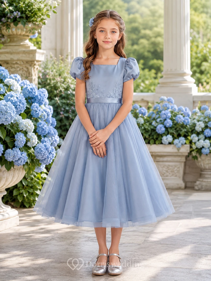 Blumenmädchenkleid, stahlblau, Chiffon, A-Linie, kurze Ärmel, eckiger Ausschnitt, Teelänge, Schleifendetail