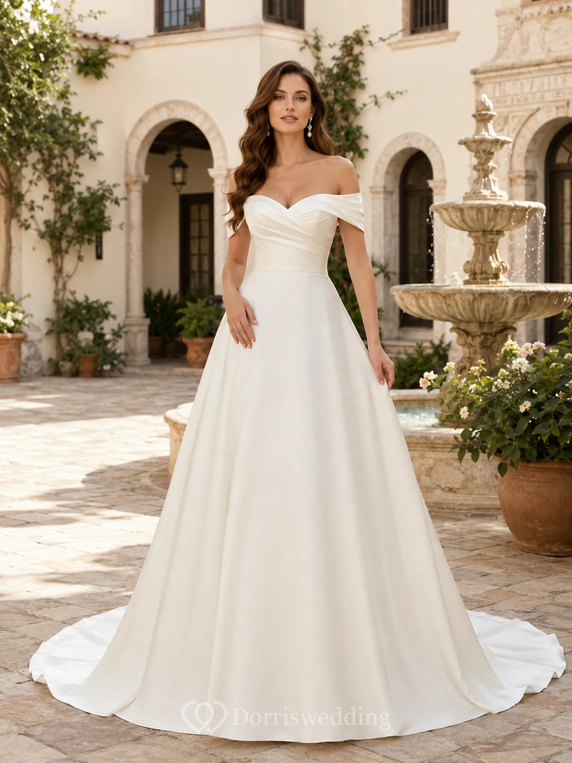 Vestido de novia de satén y gasa para la playa, estilo princesa, sin tirantes, con escote corazón y cola larga.